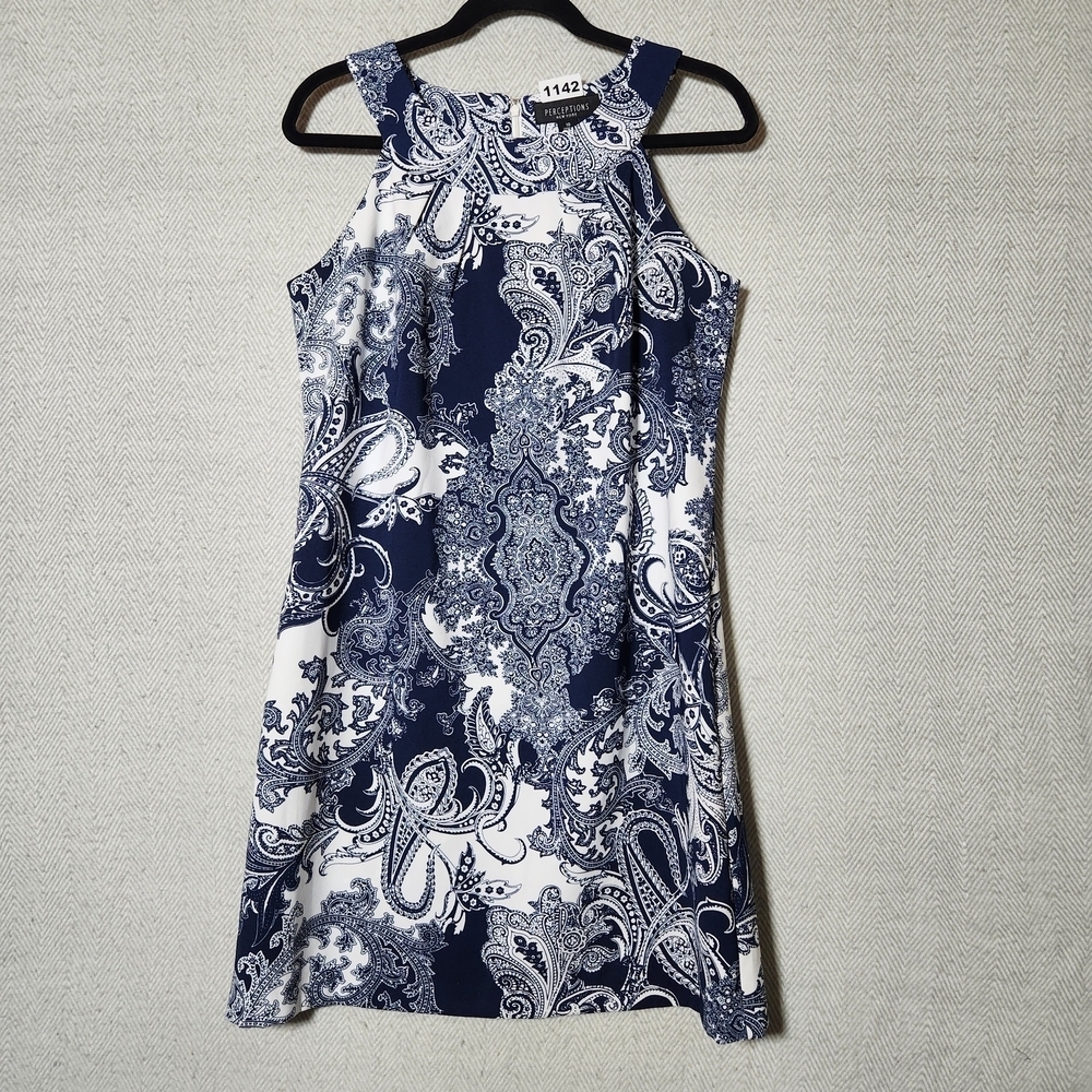 Perceptions New York Size 10 Elegant Navy and White Paisley Mini Dress